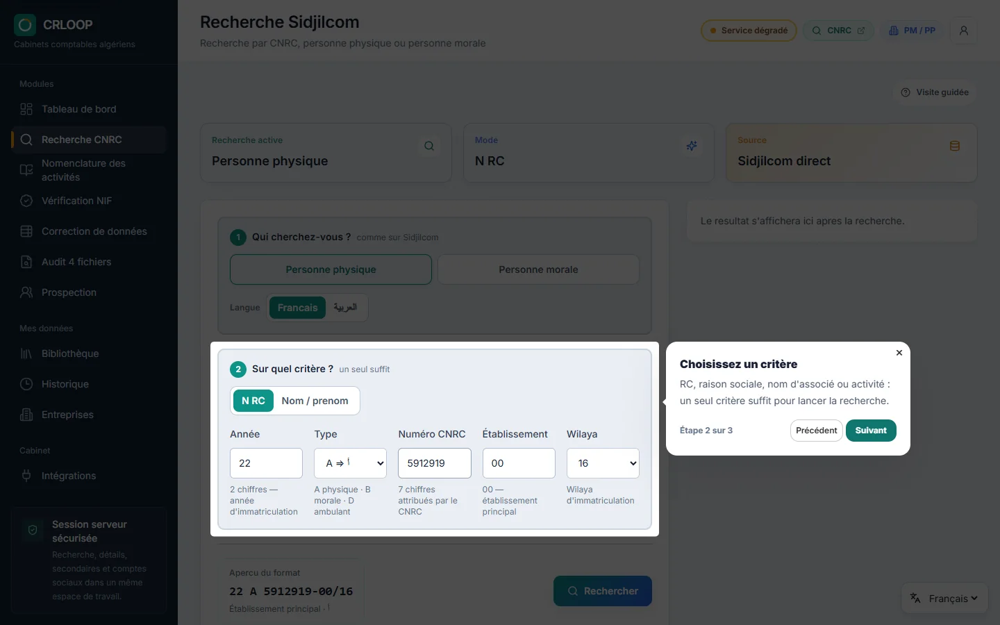Sélectionnez le critère