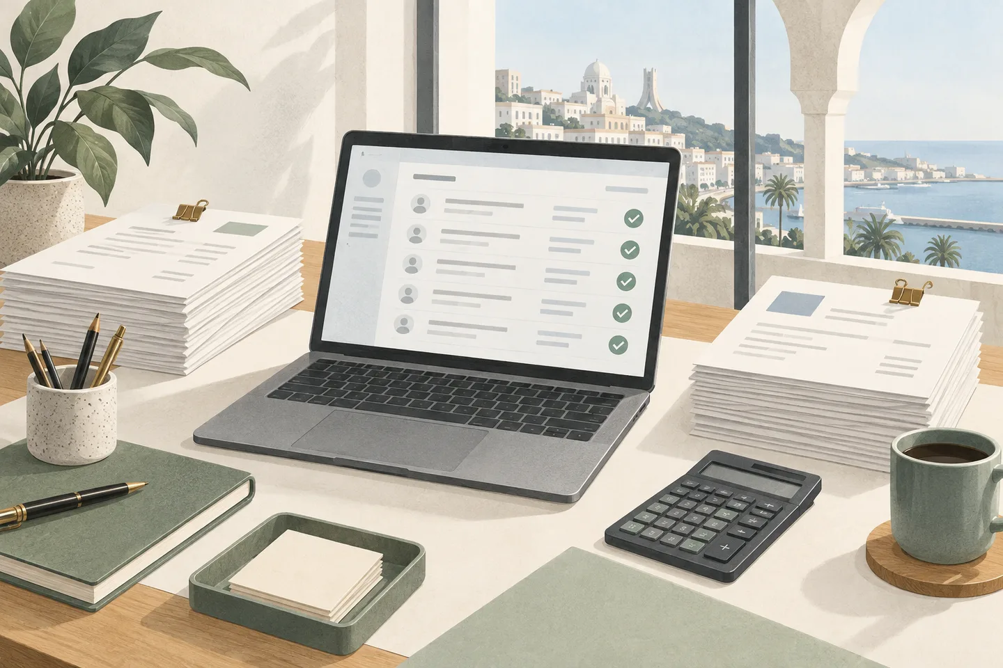 Illustration d’un bureau organisé avec des documents et un ordinateur de contrôle des données